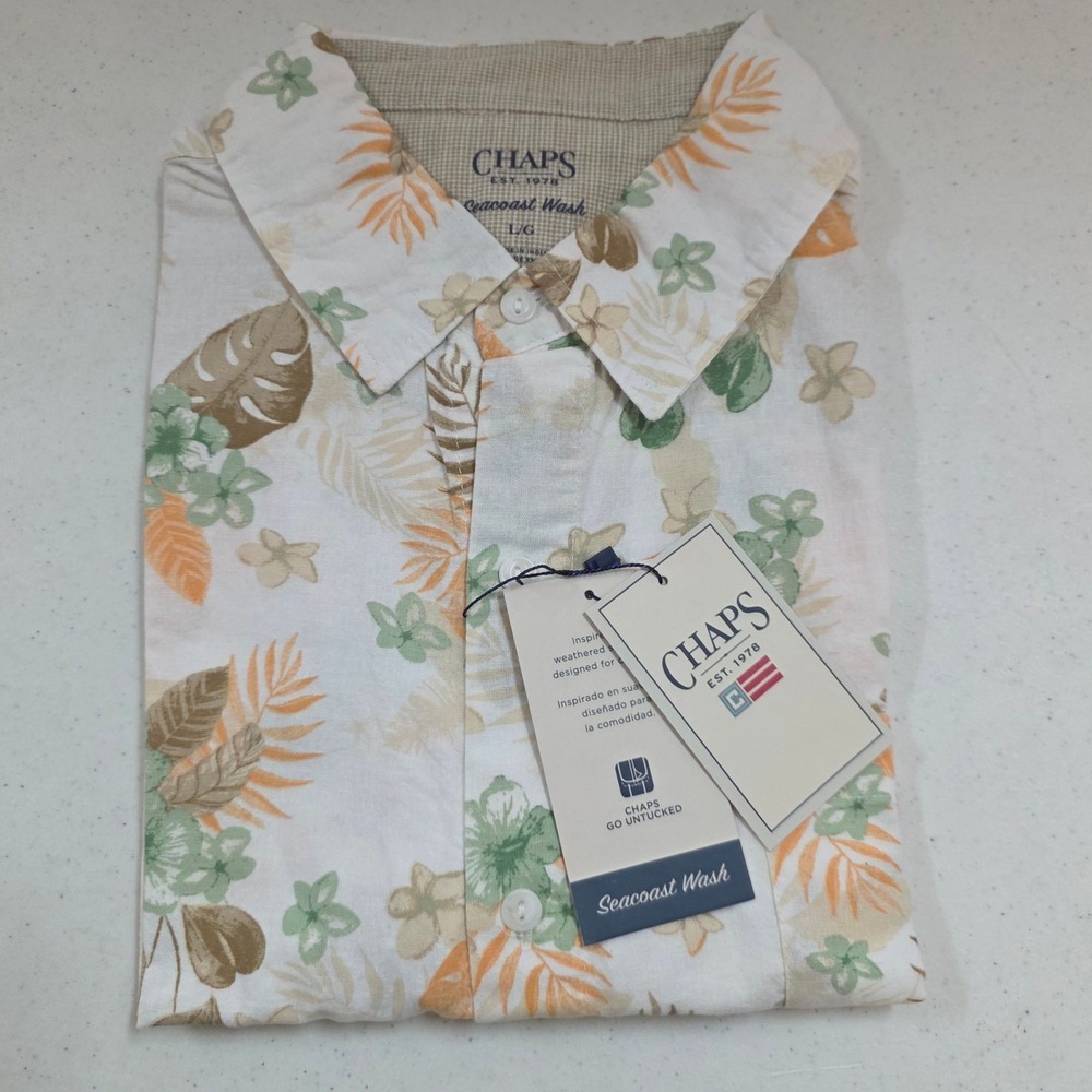 Chaps Mens Seacoast Wash Tropical Floral Short Sleeve Untucked Shirt White L NWT